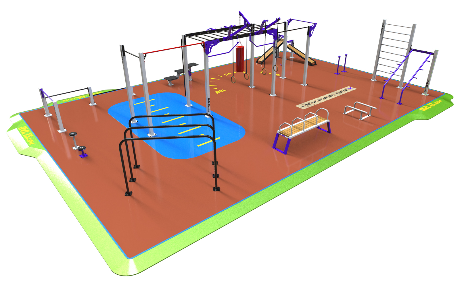 Outdoor fitness park with bars, parallel bars and bodyweight exercise equipment