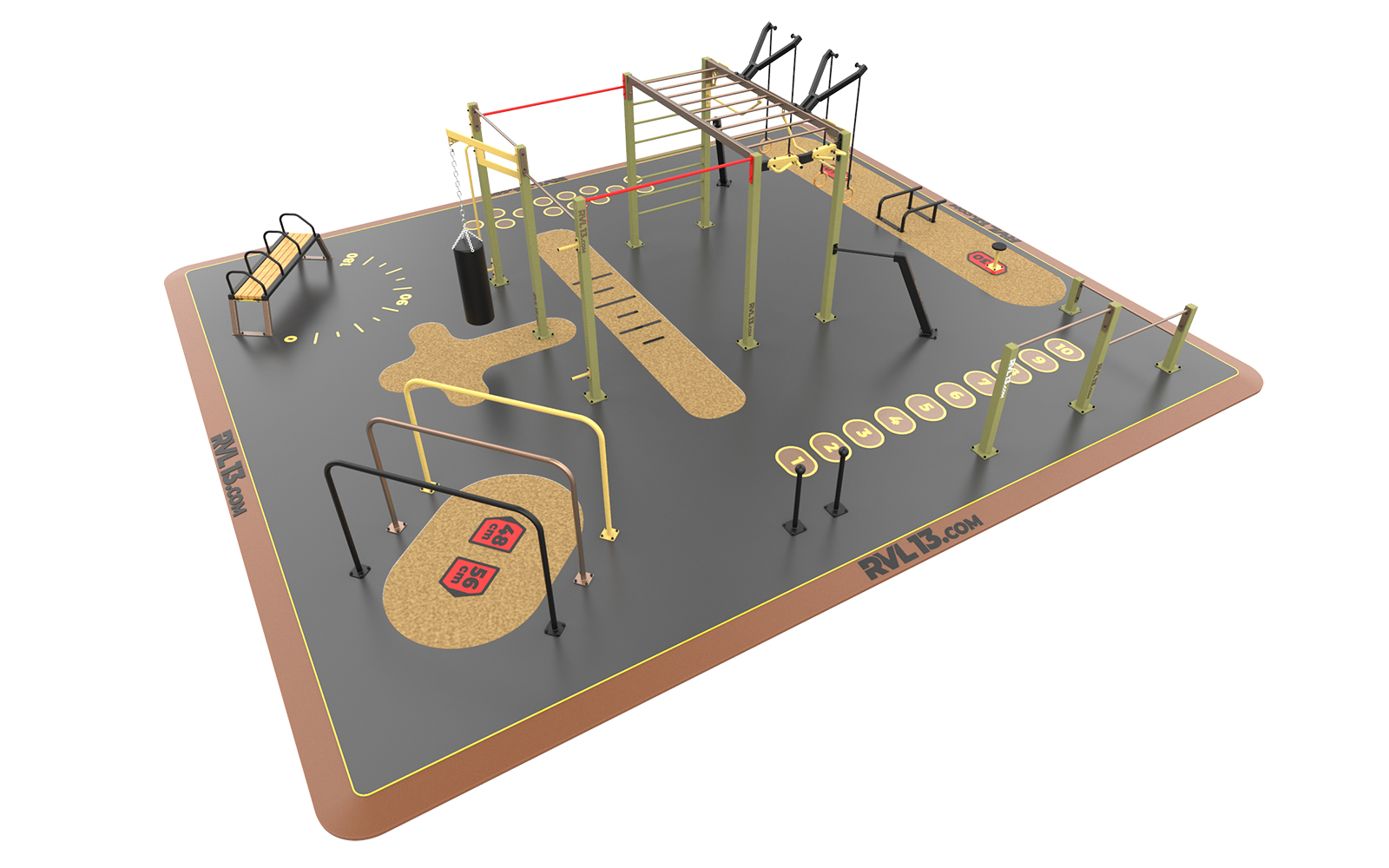 Outdoor fitness park equipped with bars and workout stations for street workout